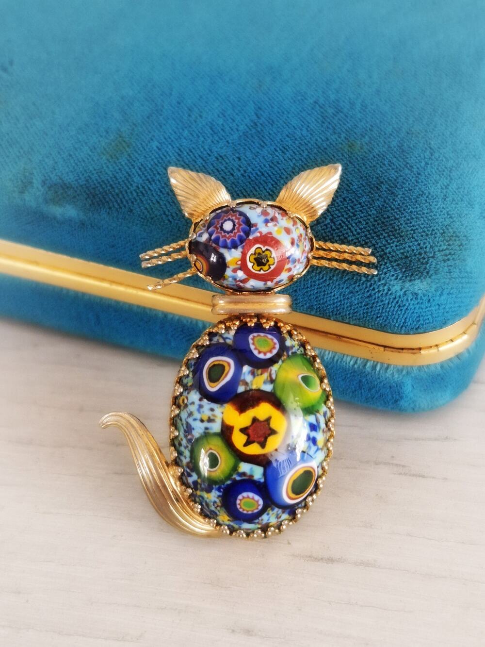 Vintage Millefiori Cat Brooch with Deep Blue Background